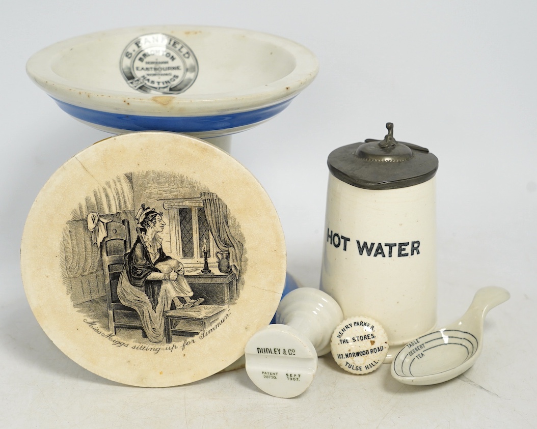 A quantity of assorted Victorian pottery kitchenalia to include a gourmet egg beater, a cascade boiler, a blue and white ham stand, sieve dishes, etc. Condition - fair